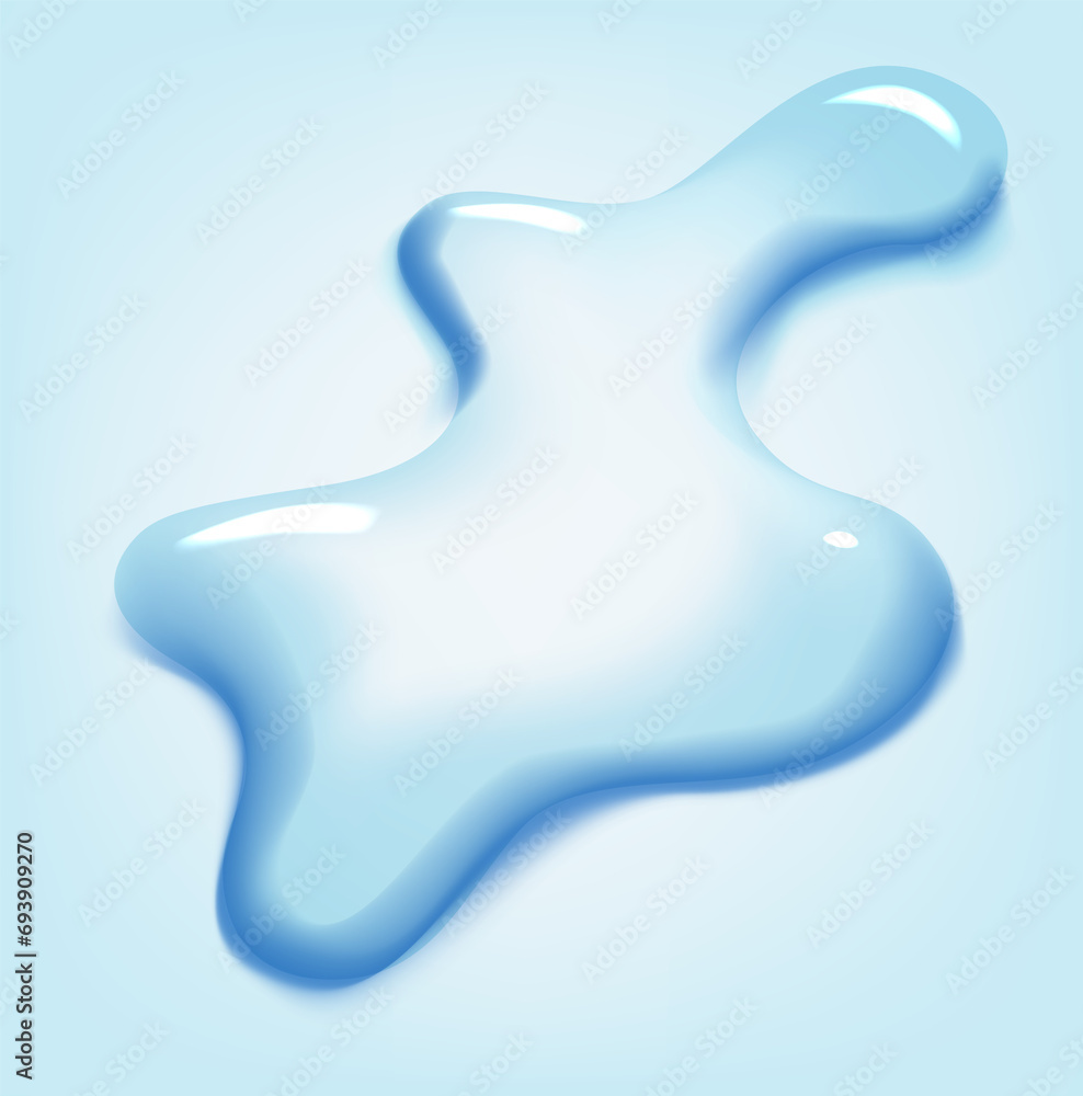 Water puddle drop. Top view liquid splashes, wet environment. Water spill or aqua scattered drop isolated on blue background Water puddle drop. Top view liquid splashes, wet environment. Water spill or aqua scattered drop isolated on blue background