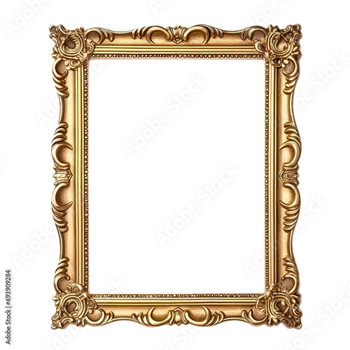 Antique carved gilded frame isolated on white background. Vintage golden rectangle frame for photo