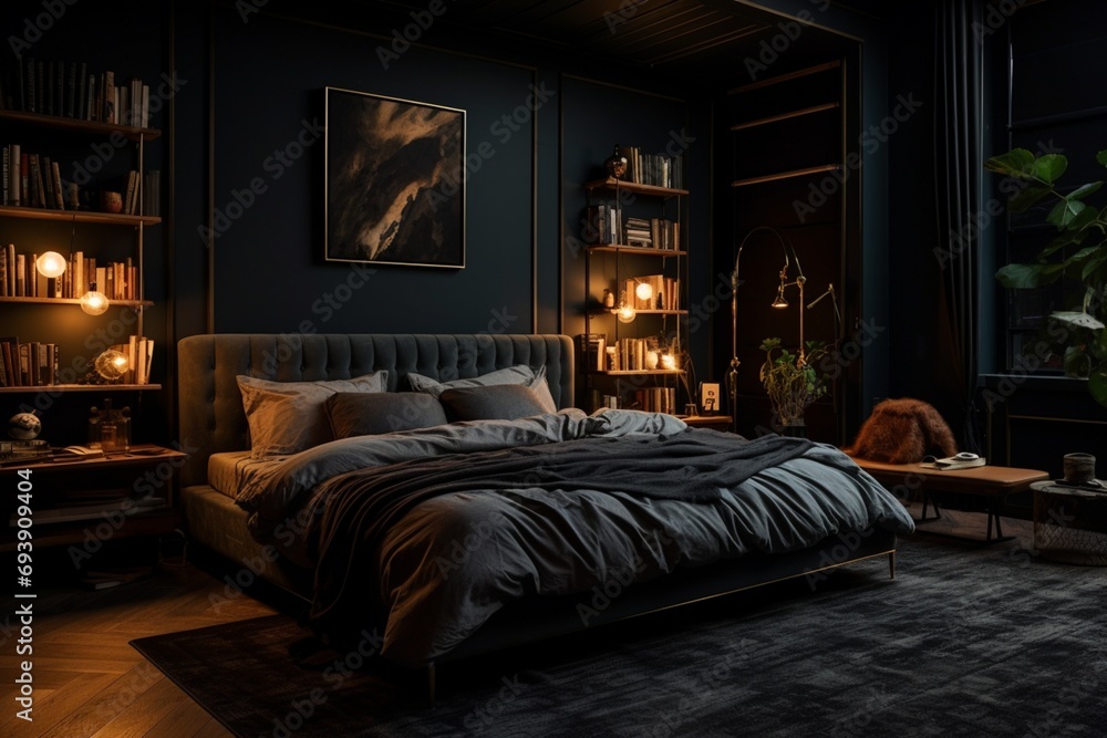Moody and atmospheric bedroom with dark accent walls, plush bedding, and soft, indirect lighting Moody and atmospheric bedroom with dark accent walls, plush bedding, and soft, indirect lighting