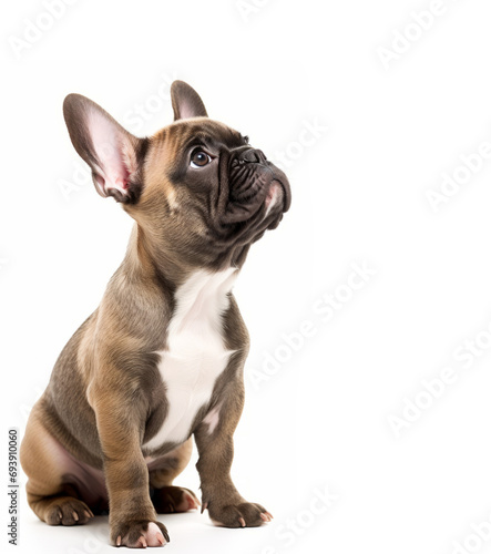 Portrait of french bulldog puppy looking up on white background with copy space