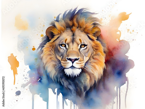 Watercolor image of a lion's face in close-up portrait. Digital art. It is a symbol of power and royalty. Isolated white background