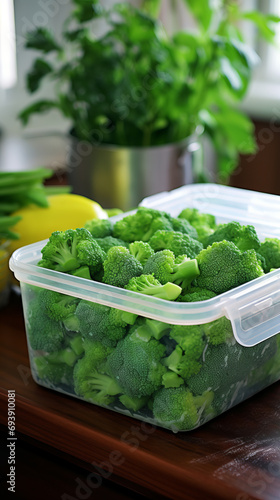 Melting frozen green broccoli in box. Healthy food vegetables concept