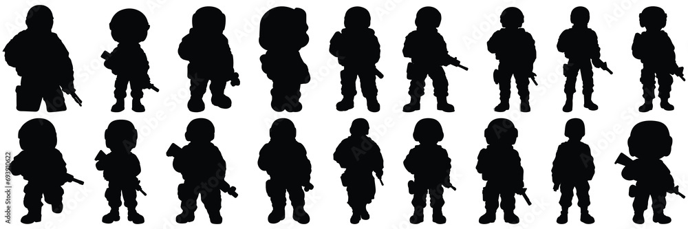 Soldier war army silhouettes set, large pack of vector silhouette design, isolated white background