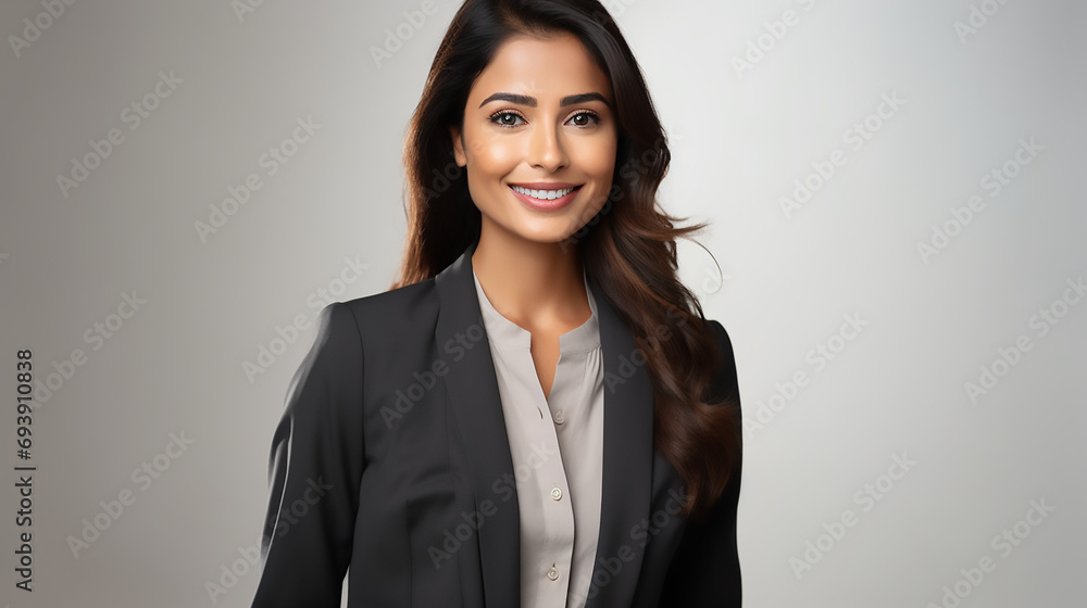 Portrait of a beautiful young Asian Indian company office worker business woman smiling and looking straight, commercial template Portrait of a beautiful young Asian Indian company office worker business woman smiling and looking straight, commercial template