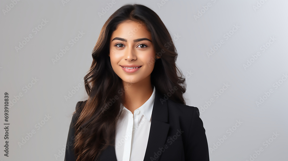 Portrait of a beautiful young Asian Indian company office worker business woman smiling and looking straight, commercial template Portrait of a beautiful young Asian Indian company office worker business woman smiling and looking straight, commercial template