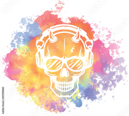 Coo skull with horns headphones and watercolor as a background 