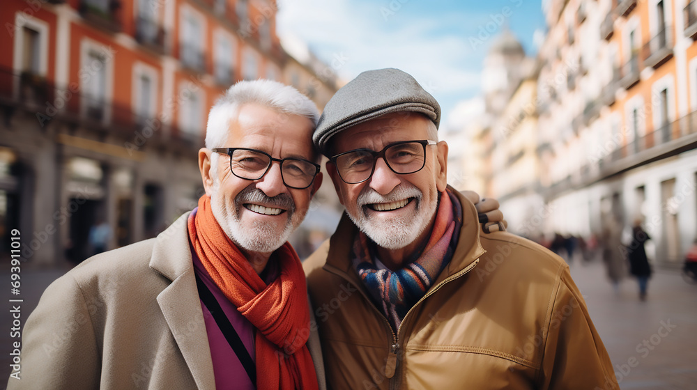 Gay friends, Older Gay couple, Celebrating Pride month, smiling and hugging, enjoying freedom, LGBTQ, Love romantic Gay friends, Older Gay couple, Celebrating Pride month, smiling and hugging, enjoying freedom, LGBTQ, Love romantic
