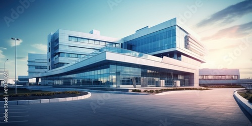 Modern Hospital Building at Sunset photo