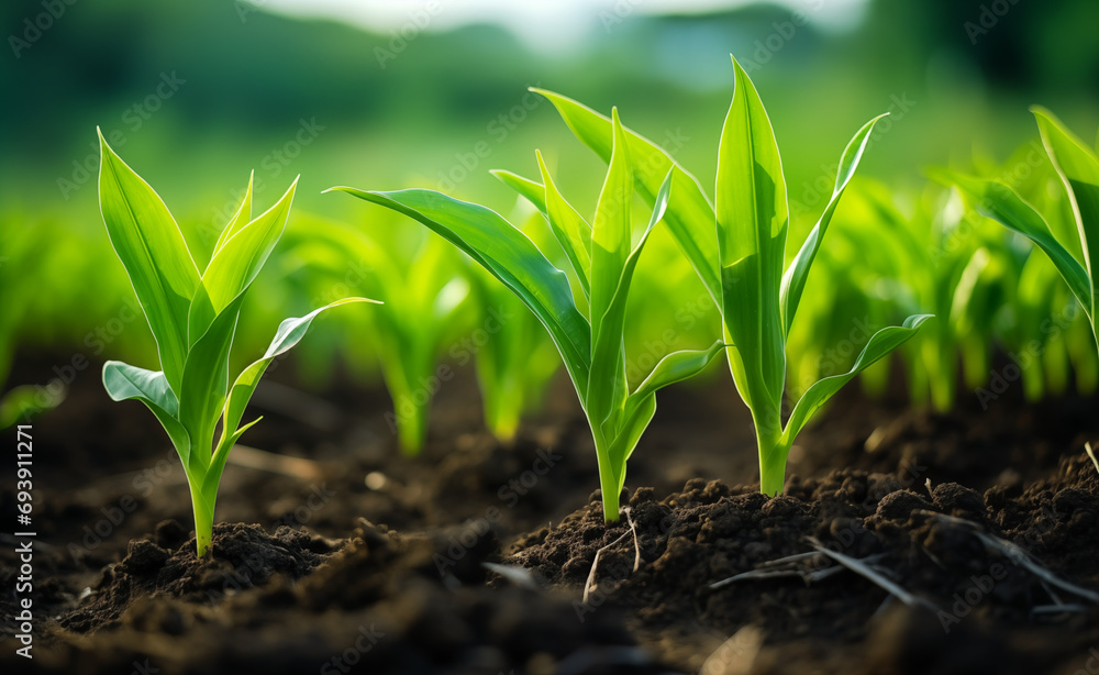 Rows of young corn plants growing on the field Rows of young corn plants growing on the field