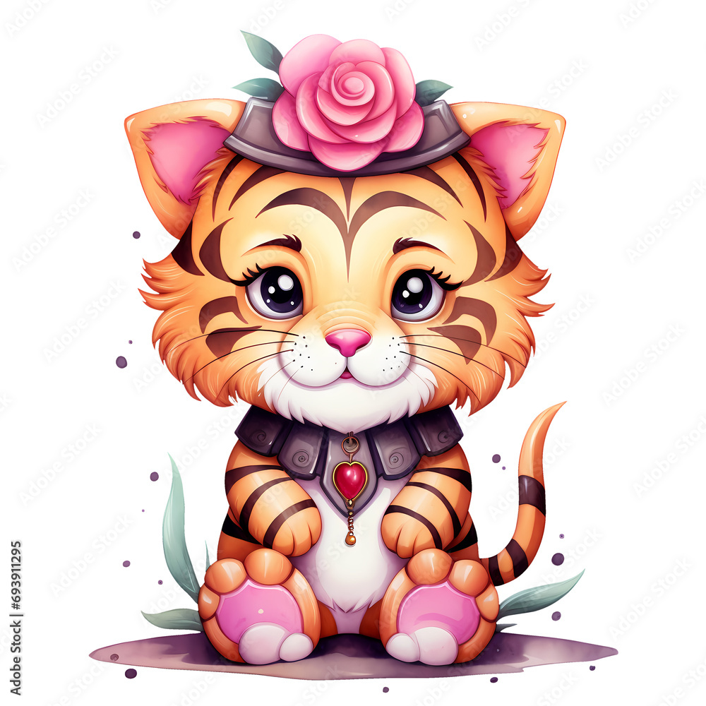 Cute Funny Tiger With Flowers Watercolor Clipart Illustration