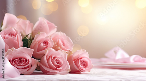 Romantic table setting with pink roses on bokeh background.