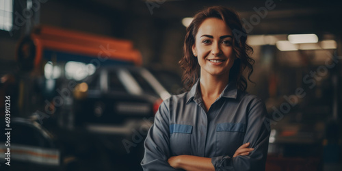 Portrait of proud car mechanic woman smiling. Car repair and maintenance service, blurred background