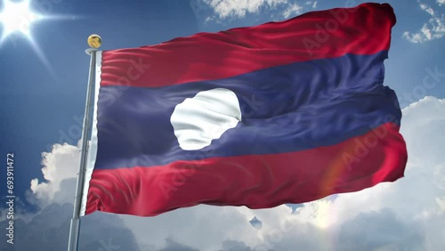 Laos animated flag in the wind with blue sky