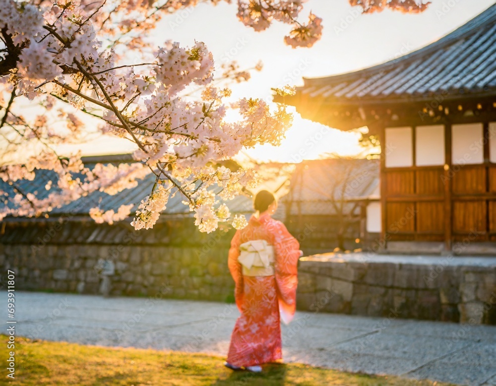 京都の着物の女性と桜のイメージ