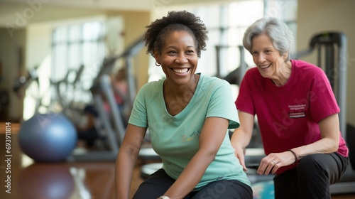 A black senior woman crouches while exercising in a physical therapy center, guided by a Caucasian elderly lady.