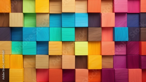 Texture background of 3d colorful wooden square blocks. Three-dimensional geometric design.