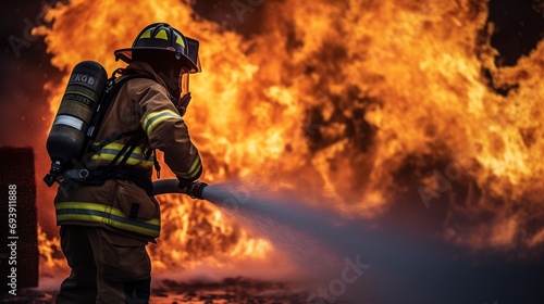 In the face of a massive fire, a brave firefighter fearlessly confronts a raging inferno, embodying unwavering dedication, bravery, and selflessness to protect and save lives.