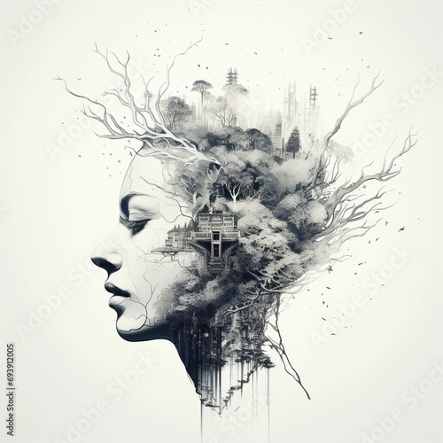 Duality Unveiled: Double Exposure AI Illustration of a Captivating Dual Portrait, Merging Human Complexity with Artistic Expression