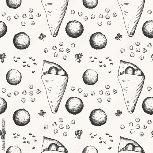 Falafel seamless pattern hand drawn vector engraved illustration. Vegetarian food, oriental cuisine. Repeating background with chickpea balls falafel shawarma, greenery, nuts. For menu, card, print