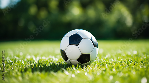 Classic black and white soccer ball on green grass. Football  © KJ Photo studio