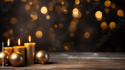 Merry Christmas and Happy New Year 2024 holiday card. Burning candles background