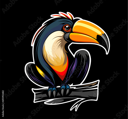 Ai generated cartoon toucan bird mascot. Wild tropical animal, emblem for the sports team, zoo park or brand. Colorful jungle bird with big beak and brightly colored feathers sitting on tree branch
