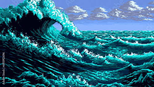 Sea storm landscape, big waves. Ai generated 8bit pixel game scene. Dark sky with grey heavy clouds and huge splashing waves creating a thrilling marine atmosphere and immersive gaming experience