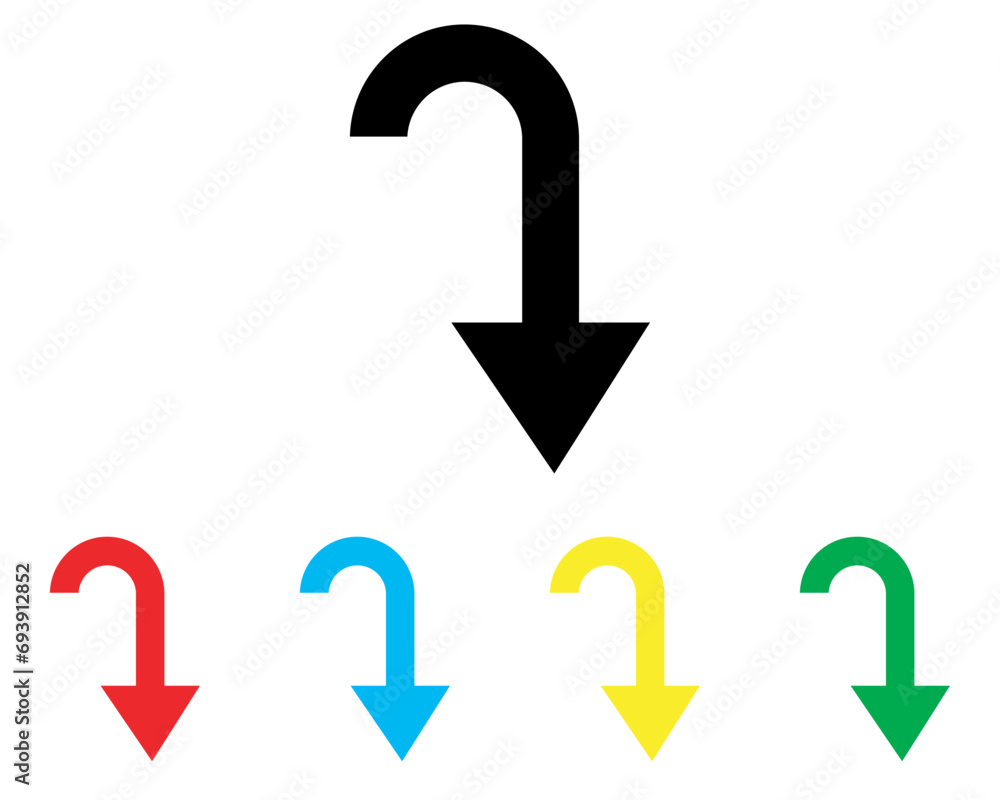 Directional arrow icon vector. Turn icon sign symbol in trendy flat style. Set elements in colored icons. Arrow down vector icon illustration isolated on white background Directional arrow icon vector. Turn icon sign symbol in trendy flat style. Set elements in colored icons. Arrow down vector icon illustration isolated on white background