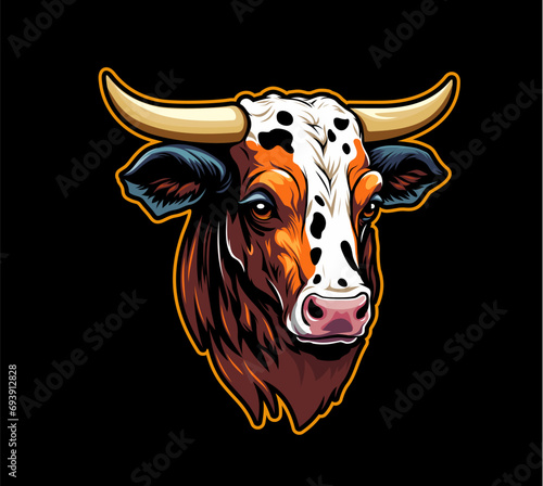 Ai generated cow animal mascot. Cattle farm animal emblem or sticker, agriculture company, butchery or meat market AI generated cow vector character, sport team or club bull isolated mascot