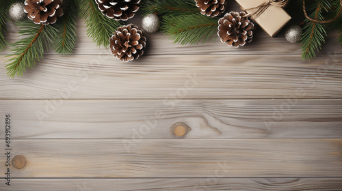 Christmas fir tree branches, gifts, pine cones on wooden rustic background