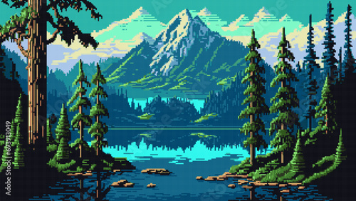 AI generated 8 bit pixel game mountain lake landscape. Nature vector background with scenery view of snowy mountains, forest trees and rocky hills, blue water, sky and clouds. Retro game nature scene photo