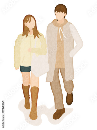 冬の街角にいるカップル水彩風