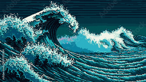 Sea storm waves landscape, AI generated 8bit pixel game scene, vector cartoon background. Ocean stormy wind and water wave ripple of hurricane high tide, 8 bit pixel stormy seascape for game level