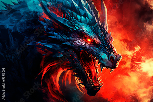 Fantasy blue fire dragon. Generative AI © Oleksandr