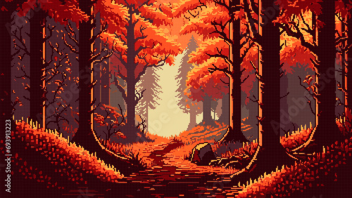 Autumn forest landscape with falling leaves, ai