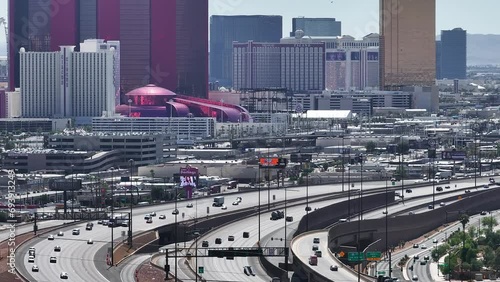 Aerial view on the Las Vegas city in Nevada, USA. Huge highways, traffic, and luxury hotels in Vegas along the Strip.