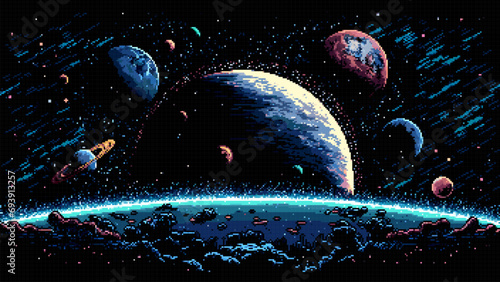 Space landscape with starry galaxy and planets, ai