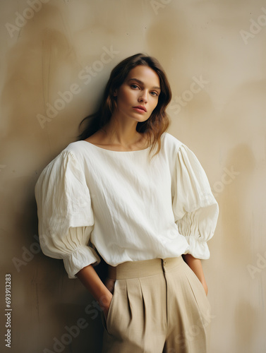 A woman wearing a white blouse and beige pants, standing against a light beige, luxurious texture wall