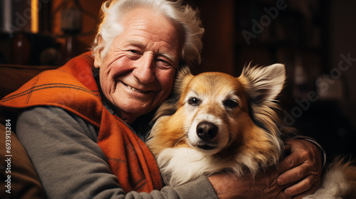 Portrait of an elderly man sitting in the armchair with Corgi dog. The concept of active age