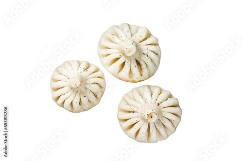 Georgian Khinkali Dumplings with beef and lamb meat on wooden board with herbs.  Transparent background. Isolated. photo