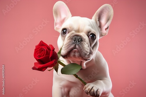 Valentines Day card with cutewhite French bulldog with a beautiful red rose on a pastel pink background