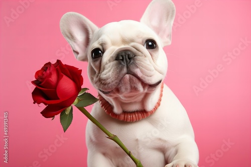 Valentines Day card with cutewhite French bulldog with a beautiful red rose on a pastel pink background © World of AI