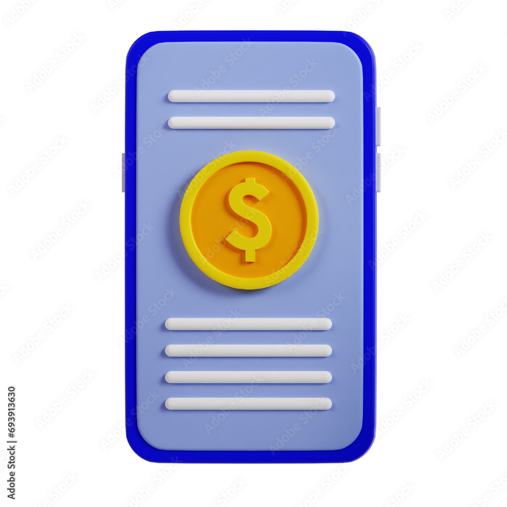 3D mobile phone with money 3d render. 3D Phone with credit card and coin. Online payment concept.