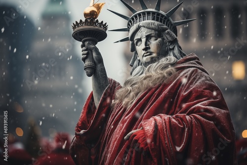 statue of liberty santa claus outfit, new york city christmas blur background © Izanbar MagicAI Art