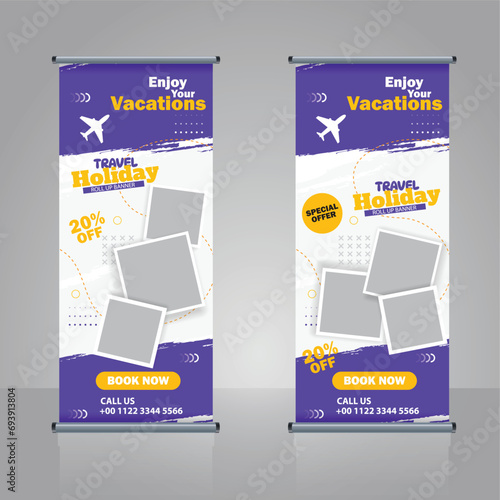 Travelling roll up banner standee design  perfect for trade shows, events, and promotions. High-quality, customizable template set	