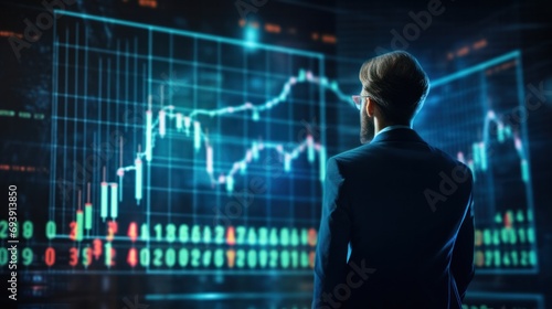 Businessman and Screen holographic interface graph stock market data, Analyzing Market, Trader and investment