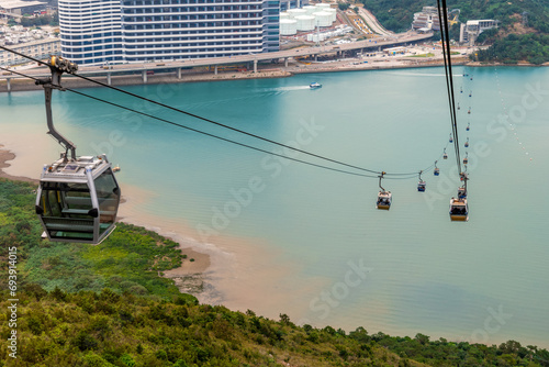 Photography Ngong Ping bicable gondola lift on Lantau Island in Hong Kong, China