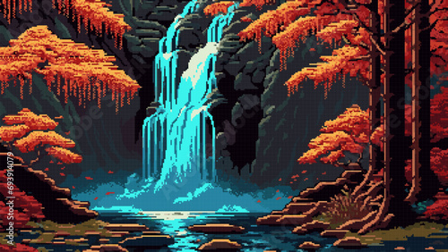 8 bit pixel autumn forest waterfall, AI generated