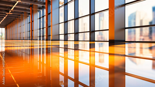 Modern Corporate Office Hallway with Reflective Orange Floors and Glass Paneled Walls at Sunset
