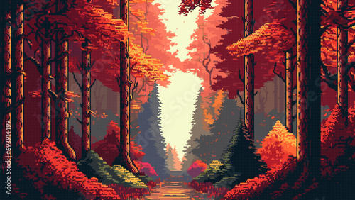 8Bit pixel autumn forest landscape, ai generated